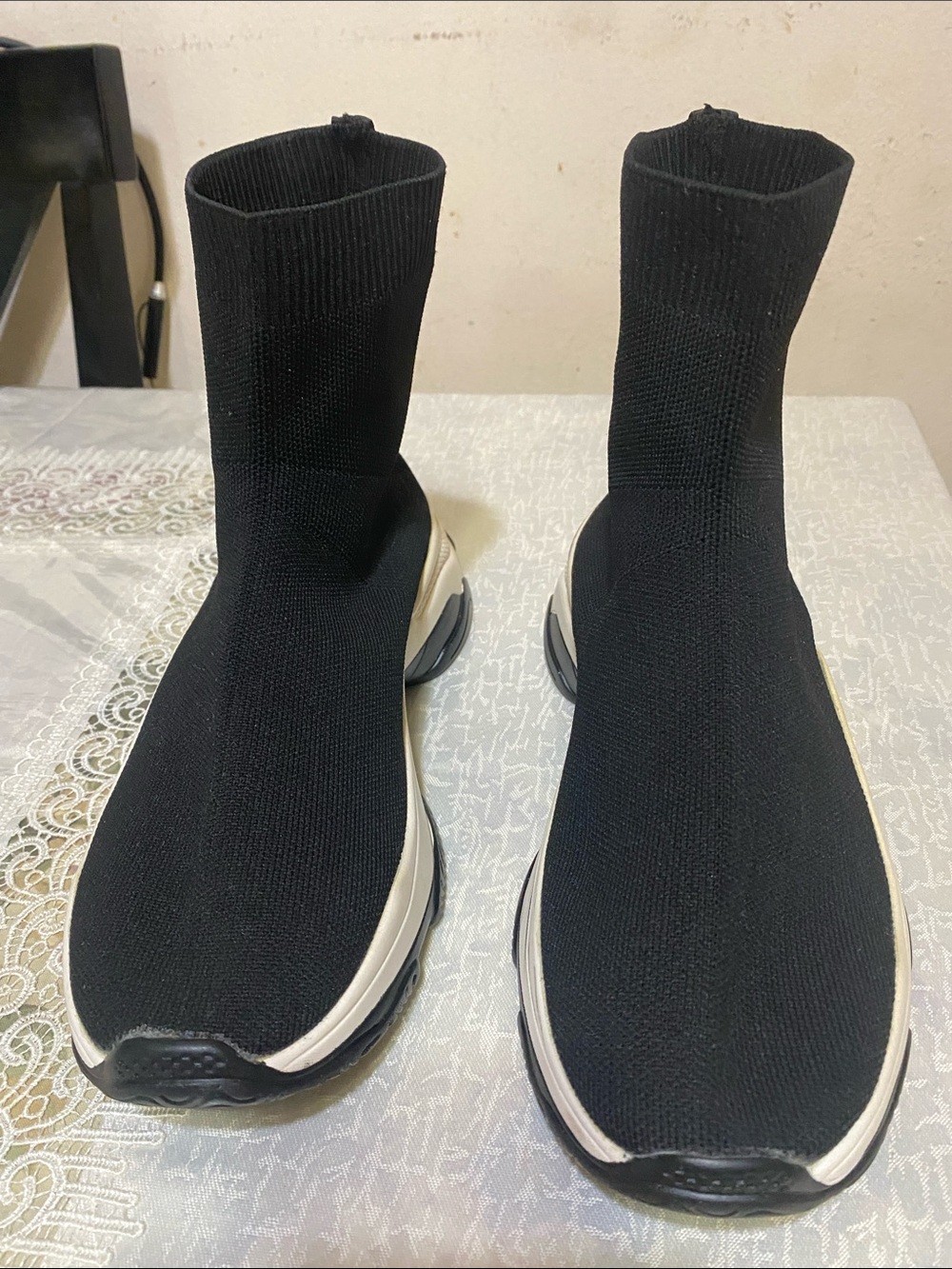 Black Knit Sock Booties with White Contrast Sole